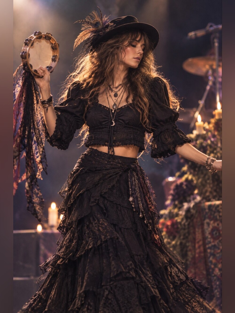 #54 Vintage-Inspired Black Lace Crop Top with Puff Sleeves - Women